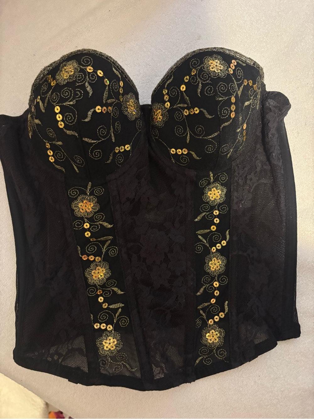 Gorgeous Vintage Black Embroidered Corset Bustier with Gold Floral Accents